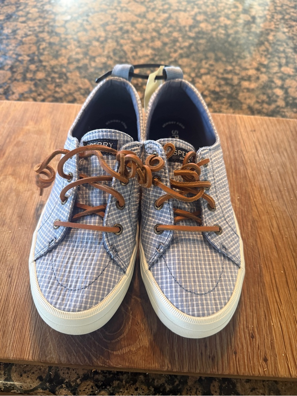 Sperry Kids Light Blue Gingham Lace-Up Sneakers with Brown Laces